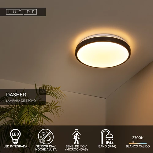 Lucide DASHER - Lámpara de techo Baño - Ø 34,8 cm - LED - 1x18W 2700K - IP44 - Sensor movimiento & día/noche - Negro - USP